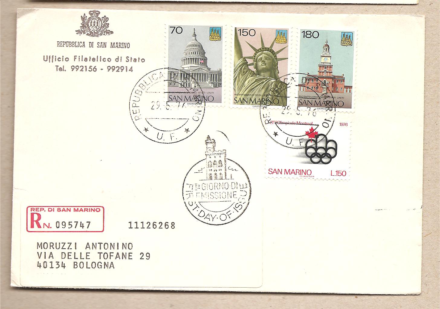 37490 - San Marino - busta FDC viaggiata raccomandata con 2 serie complete: Bicentenario degli USA + XXI Olimpiade di Montreal - 1976