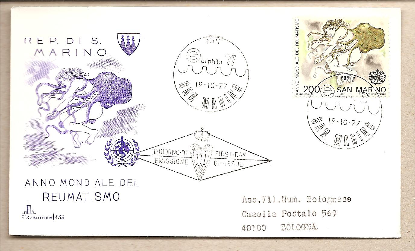 37499 - San Marino - busta FDC con serie completa: Anno Mondiale del reumatismo - 1977