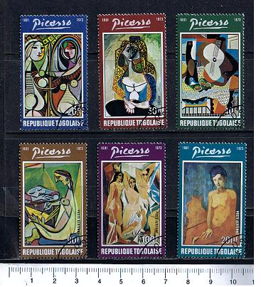 37734 - TOGO, Anno 1974-3021, Yvert 801/803+A219/221 - Dipinti famosi del pittore Picasso - 6 valori serie completa timbrata