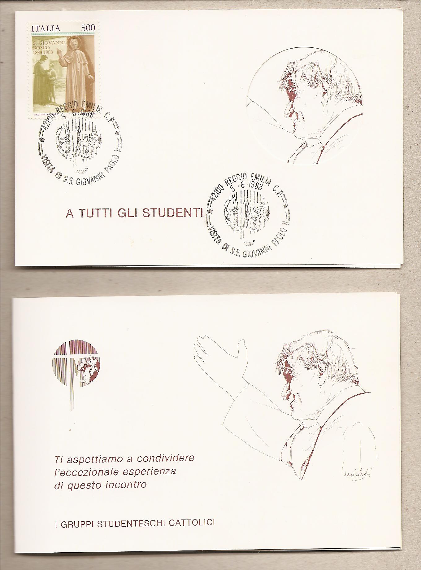 38136 - Italia - invito agli studenti per incontrare S.S. Giovanni Paolo II in visita a Reggio Emilia - 1988 - Annullo speciale