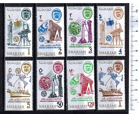 38280 - SHARJAH (ora U.E.A.), Anno 1965 - # 161-68 - 100 Ann. U.I.T., navi e satelliti spaziali - 8 valori serie completa nuova