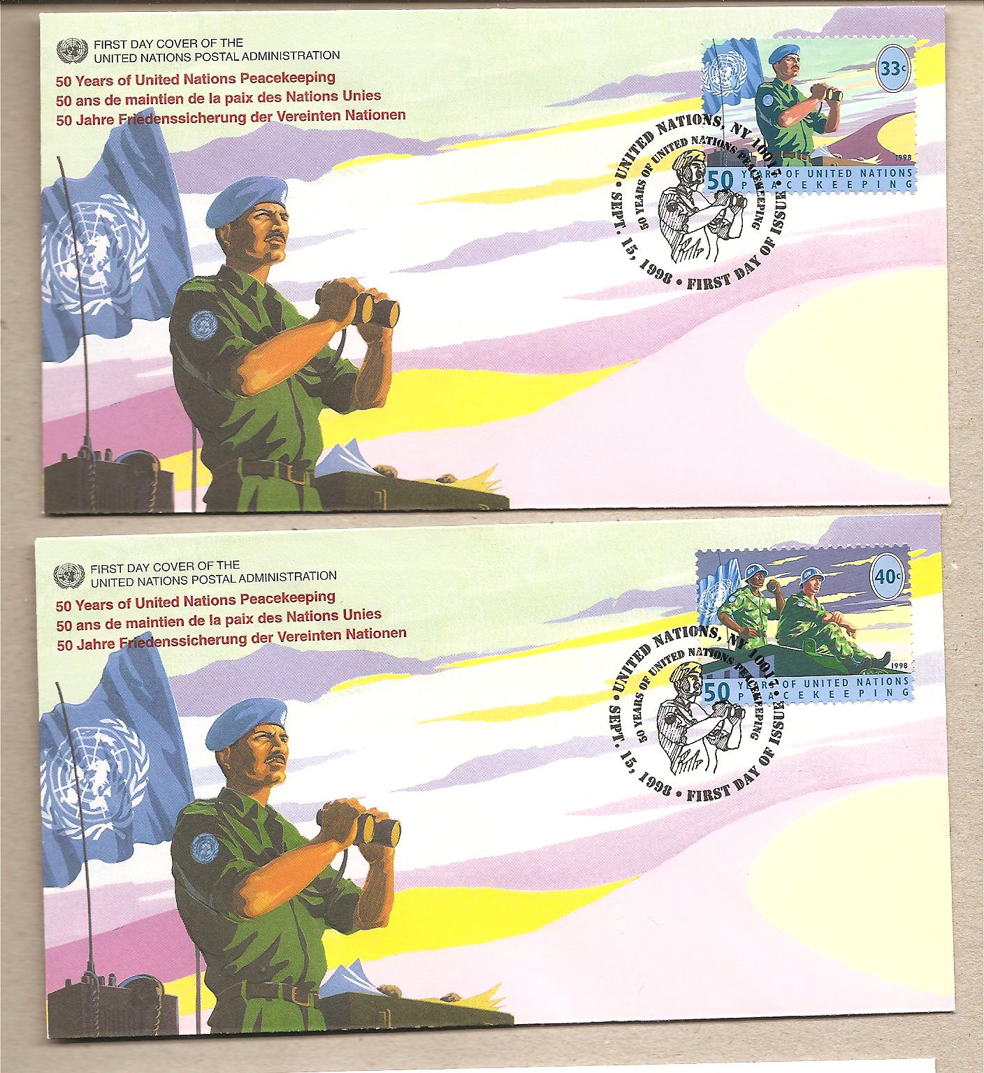 40118 - ONU New York - 2 buste FDC con annullo speciale: 50 anniversario delle Missioni ONU di Peacekeeping - 1998