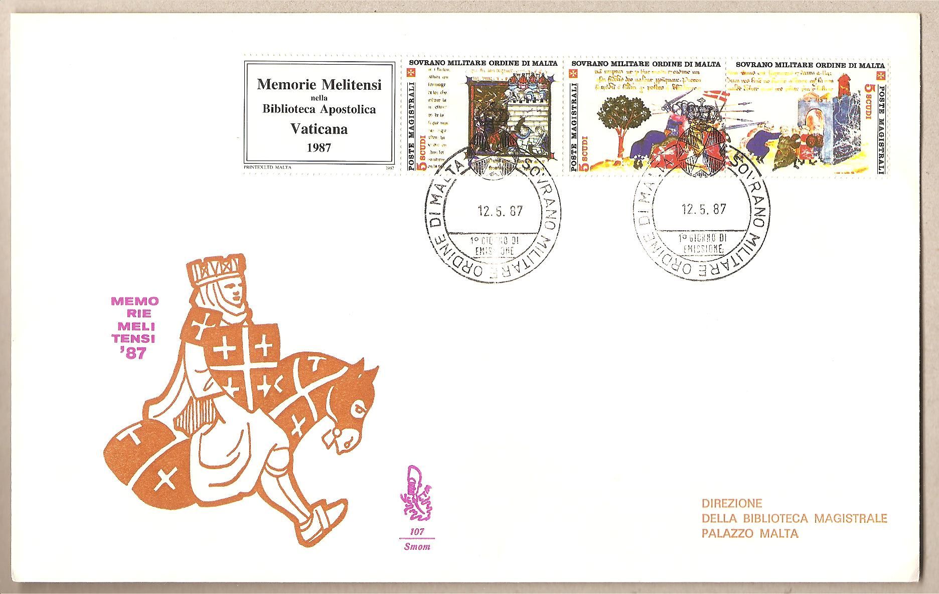 40488 - SMOM - busta FDC con serie completa in trittico con appendice: Memorie Melitensi - Venetia - 1987