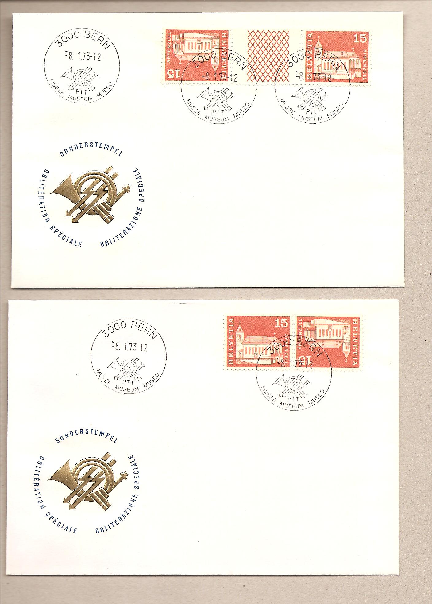 40680 - Svizzera - 2 buste con annulli speciali con interspazi spazio vuoto a 8 linee a croce + tete-beche - 1973 * G