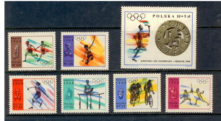 40992 - POLONIA	1967-1705/1713	Giochi Olimpici del Messico - 7 valori nuovi senza colla -Minimo di acquisto  5,00