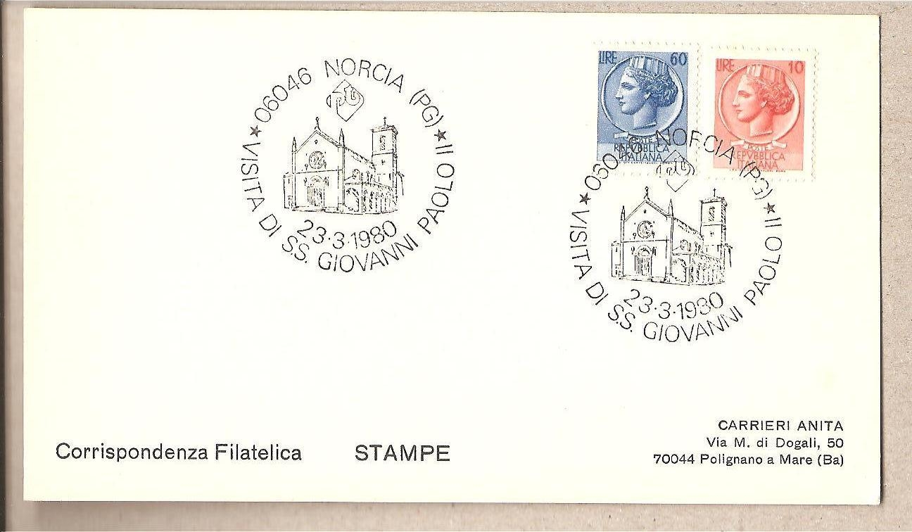41264 - Italia - cartolina con annullo speciale: Visita di S.S. Giovanni Paolo II a Norcia (PG) - 1980