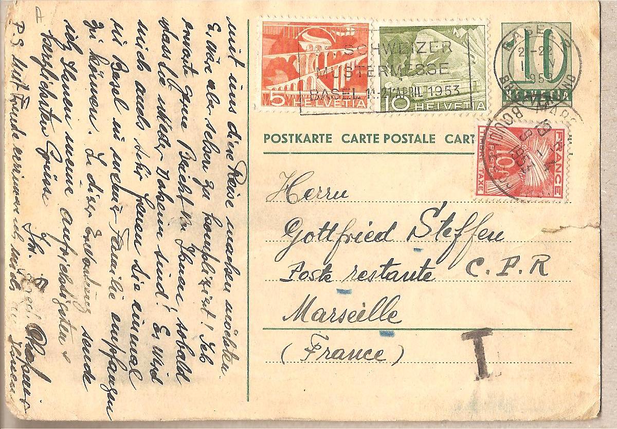 41441 - Svizzera - cartolina postale usata per la Francia tassata - 1953