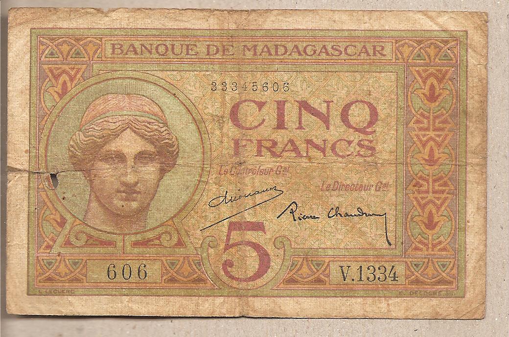 41675 - Madagascar - banconota circolata da 5 Franchi - 1937