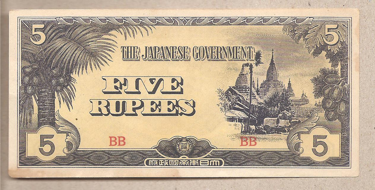 41718 - Birmania - banconota non circolata FdS da 5 Rupie - Occupazione Giapponese - 1942/4