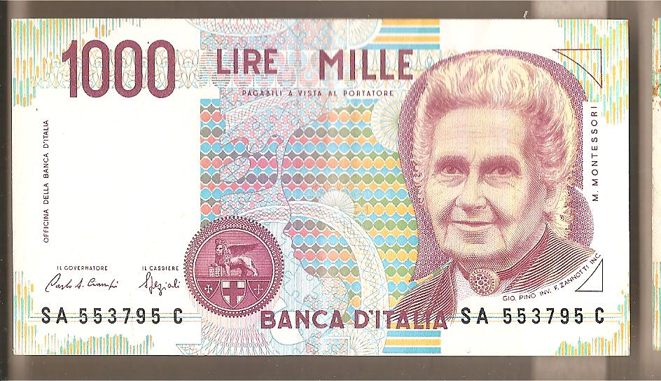 42584 - Italia - banconota circolata da 1000  Montessori  - 1990  Lettera A