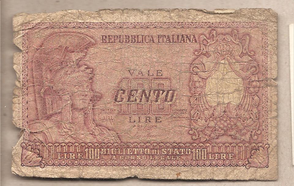 42607 - Italia - banconota circolata da 100 £  Italia Elmata  - 1951 Bolaffi/Cavallaro/Giovinco
