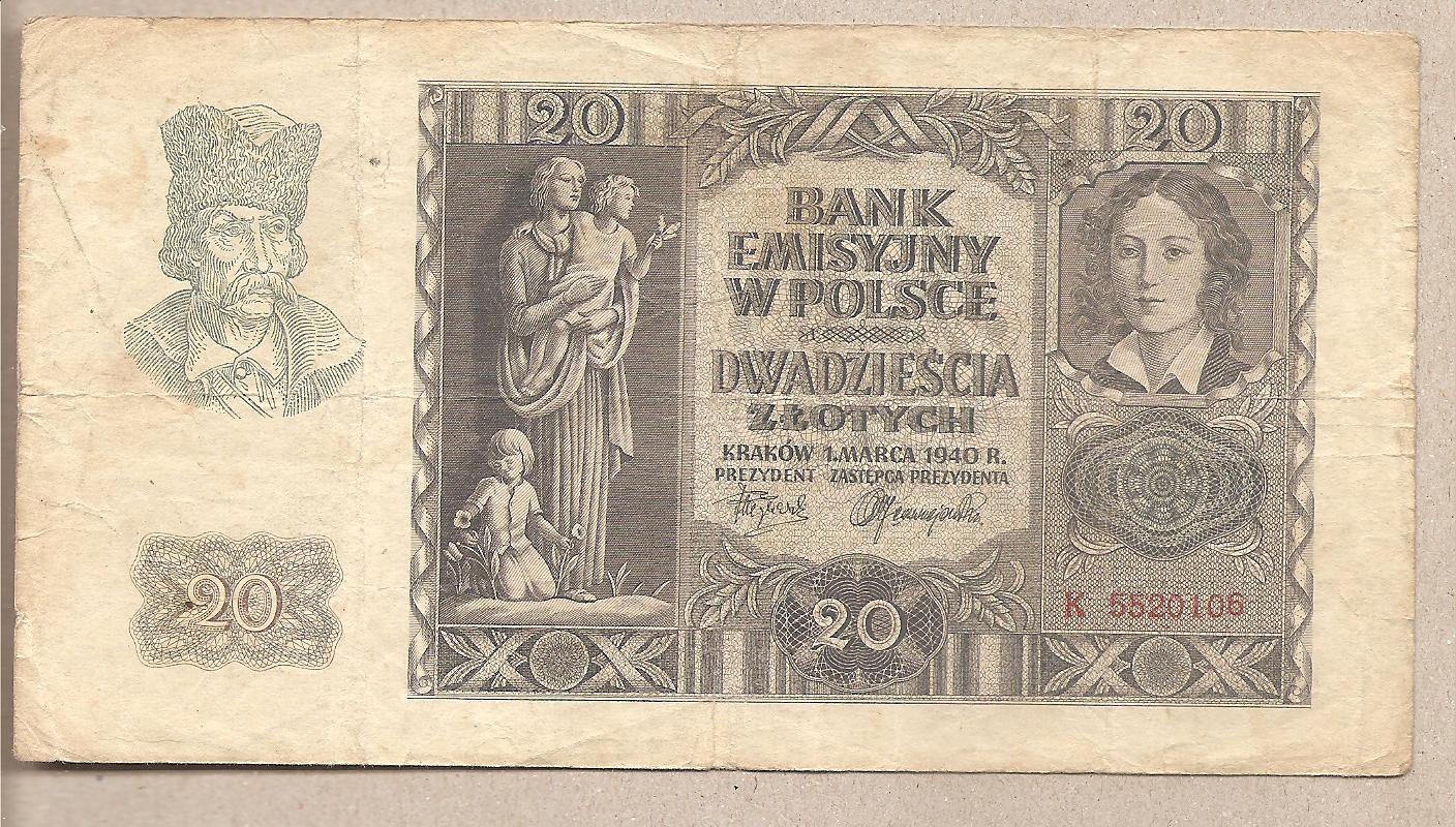 42719 - Polonia - banconota circolata da 20 Zloty P-95a - 1940