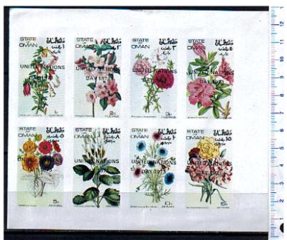 43447 - OMAN	1973-130ND  Giorno Nazioni Unite: Fiori diversi  - Blocco di 8 valori serie completa nuova non dentellata