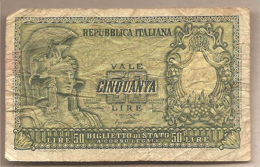 43887 - Italia - banconota circolata da 50 Lire  Italia Elmata  P-91b - 1951