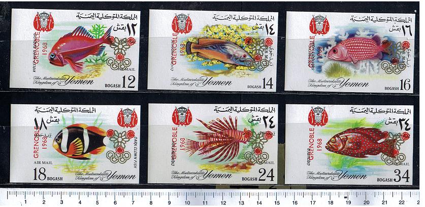 44841 - YEMEN Kingdom 1968-# 441-446 *   Pesci #397-402,sovrastampati Oly Grenoble - 6 valori non dentellati serie completa nuova