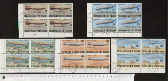 45523 - COSTA D AVORIO 1977-3742 * Dirigibili Zeppelin - 5 valori serie completa timbrata in Quartina