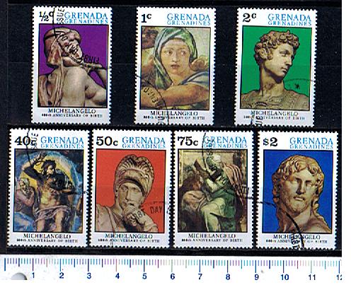 45573 - Grenada/Grenadines, Anno 1975-3583- Yvert  53/59 * 	500 anni nascita Michelangelo,dipinti e sculture - 7 valori serie completa timbrata