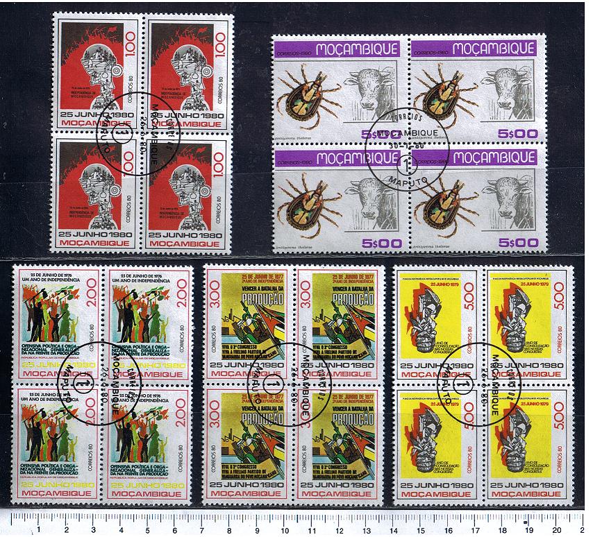 45714 - MOZAMBICO 1980-S-194 -Yvert678+695-97+99  *  Anniversario Indipendenza e Animali - 5 valori serietta timbrata in Quartina