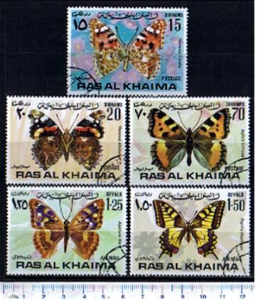 46204 - RAS AL KHAIMA  S-111 *	Farfalle diverse - serietta di 5 valori timbrata in Quartina - Foto parziale