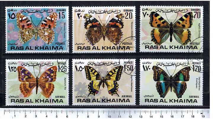46275 - RAS al KHAIMA (Unione Emirati Arabi),  1971-2226- n 763-70 * Farfalle soggetti diversi - 6 valori serie completa timbrata