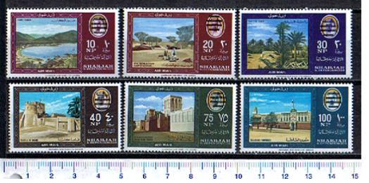 46943 - SHARJAH (ora U.E.A.), Anno 1965-160b-60g * #  91-96 Paesaggi,sovrast.con 4 righe x obliterare ritratto Sheicco deposto - 6 valori serie completa nuova