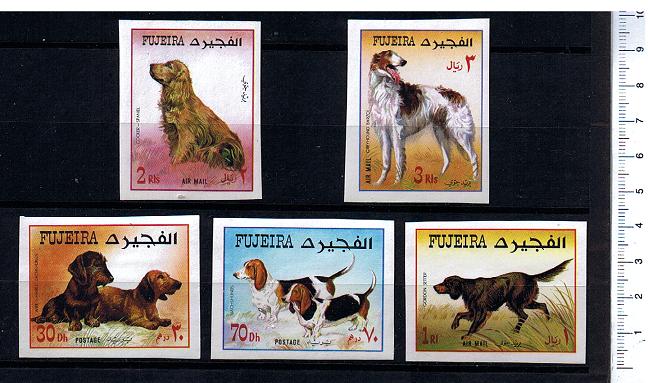 47552 - FUJEIRA (ora U.E.A.), Anno 1970-561-65 *  	Cani da caccia nei dipinti - 5 valori non dentellati serie completa nuova senza colla