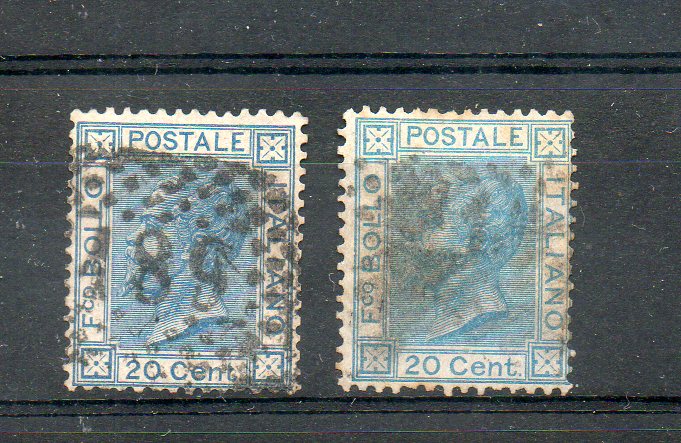 49646 - ITALIA REGNO 1867 - Effigie di V.E. II. 20c. De La Rue. Londra. + 20c. Torino. Usati UNF.n. 26/26a