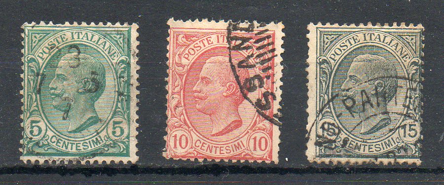 49655 - ITALIA REGNO 1906/19 - Effigie di V.E. III. 3v. (5c, 10c. 15c.) Usati UNF.n. 81/82-109