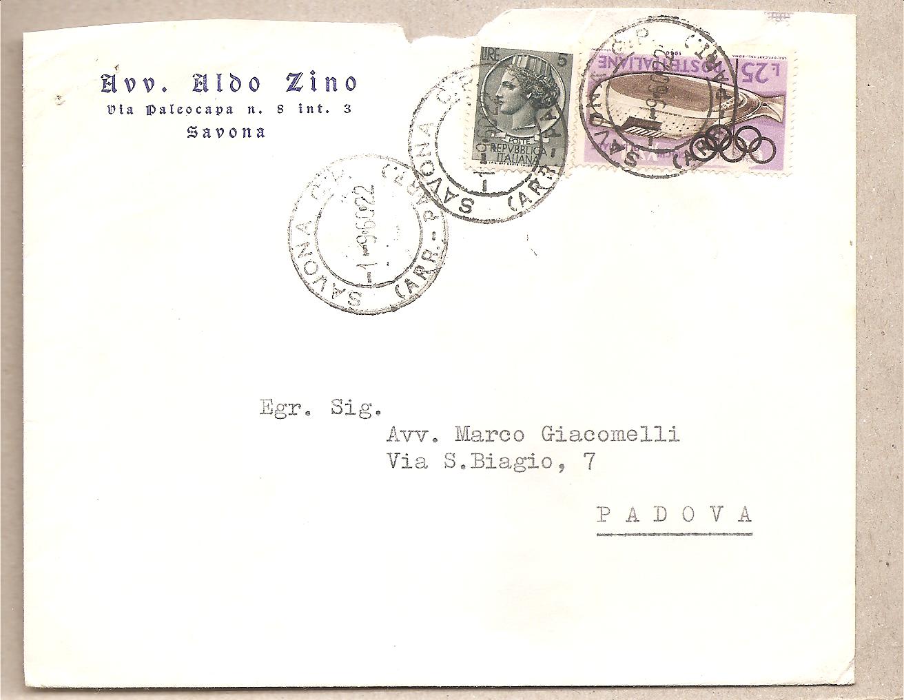 49670 - Italia - busta viaggiata 1960 da Savona per Padova * G