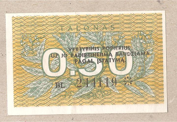 50401 - Lituania - banconota circolata da 0,50 Talonas - P-31b - 1991