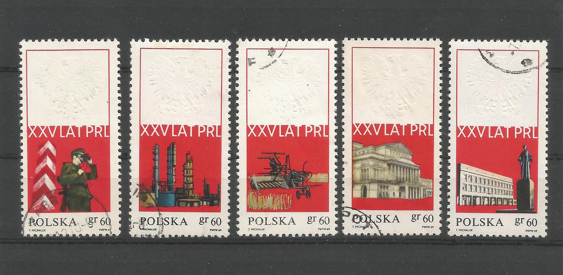 51270 - POLONIA - 1969 - 25� anniv. della Repubblica (1a serie) - 5 val. compl. timbrati - Michel : 1931/35 - Yvert : 1781/85 - (POL011)