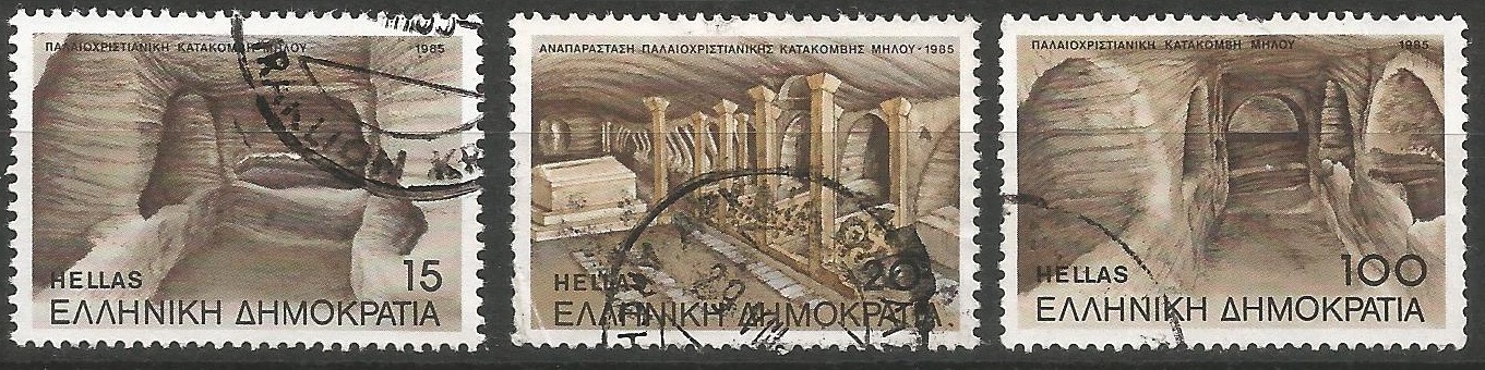 51375 - GRECIA - 1985 - Catacombe di Milos - 3 val. cpl. timbrati - Michel : 1582/84 - Yvert : 1560/62 - (GRE005)