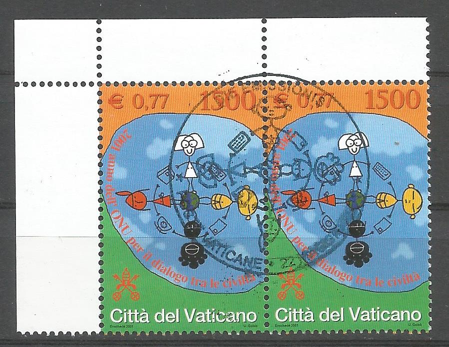 51594 - VATICANO - 2001 - Dialogo fra civilt - Coppia di valori timbrati con timbro 1 Giorno di Emissione - Unificato : 1237 - VTC016