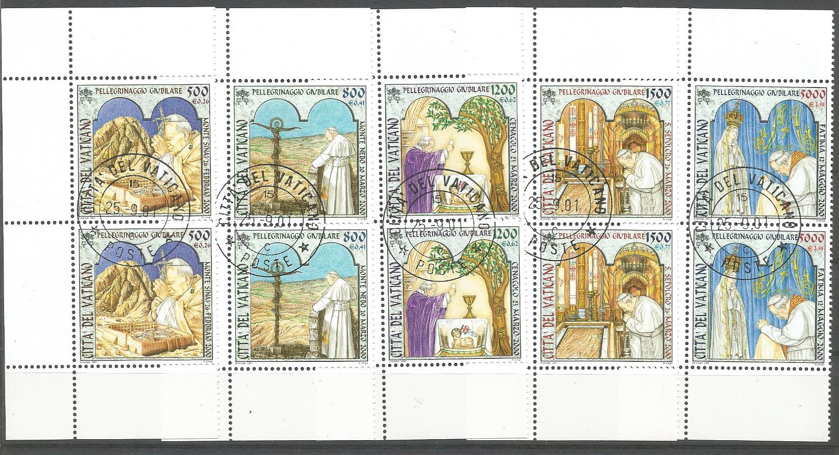 51595 - VATICANO - 2001 - Viaggi di Papa Giovanni Paolo II - Coppie dei 5 valori con timbro postale del giorno di emissione - Unificato : 1246/50 - VTC017