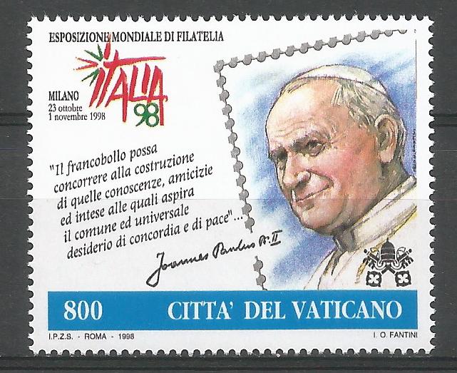 51702 - VATICANO - 1998 - Esposizione mondiale di filatelia - 1 valore nuovo - Unificato : 1130 - VTC124