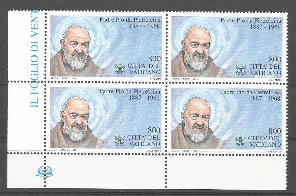 51707 - VATICANO - 1999 - Padre Pio da Pietrelcina - 1 valore in quartina nuova - Unificato : 1153 - VTC129