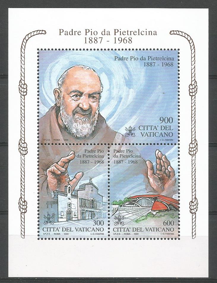 51708 - VATICANO - 1999 - Padre Pio da Pietrelcina - Foglietto di 3 valori nuovo - Unificato : BF20 - VTC130