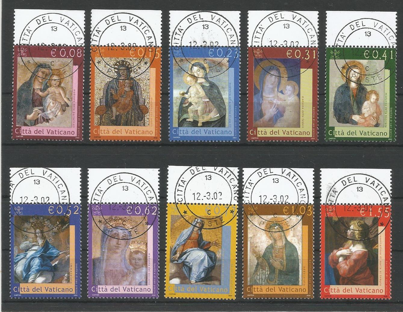 51755 - VATICANO - 2002 - Dipinti di Madonne - Serie compl. di 10 valori timbrati con timbro postale del giorno di emissione - Unificato : 1260/69 - VTC023