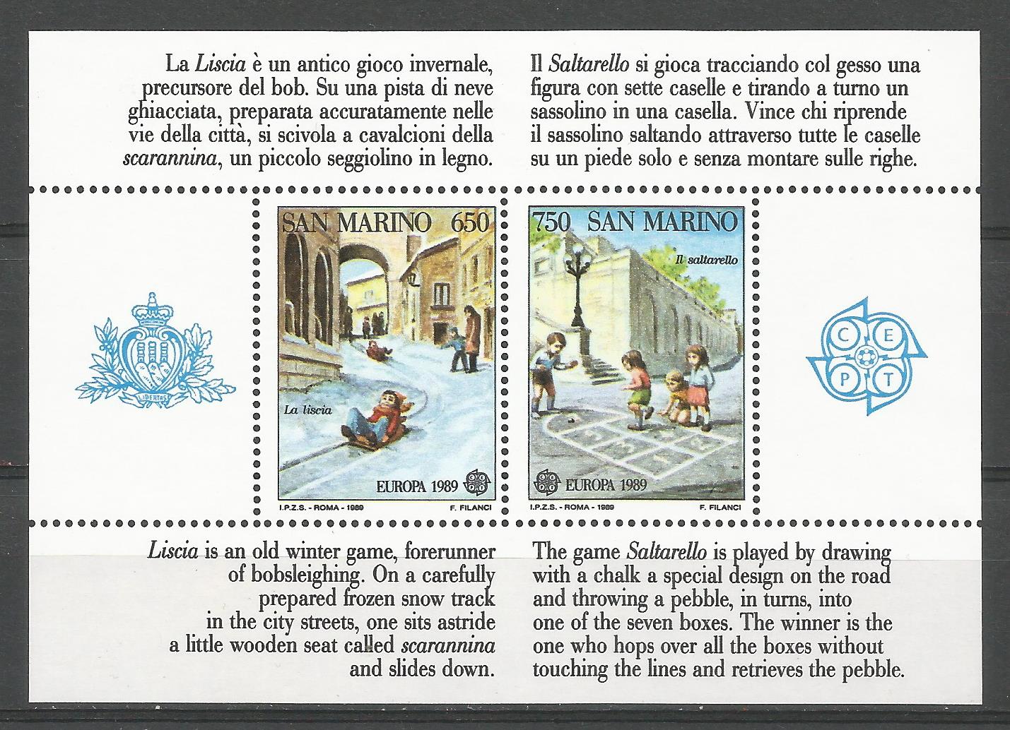 51782 - SAN MARINO - 1989 - Europa - Foglietto 2 valori nuovi - Unificato : BF43 - SMR001