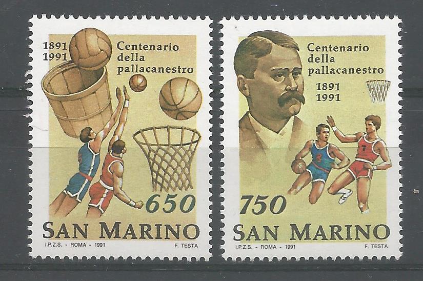 51805 - SAN MARINO - 1991 - Centenario della pallacanestro - Serie completa 2 valori nuovi - Unificato : 1321/22 - SMR024