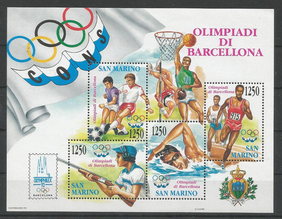 51816 - SAN MARINO - 1992 - XXV Olimpiade di Barcellona - Foglietto di 4 valori nuovo - Unificato : BF46 - SMR035