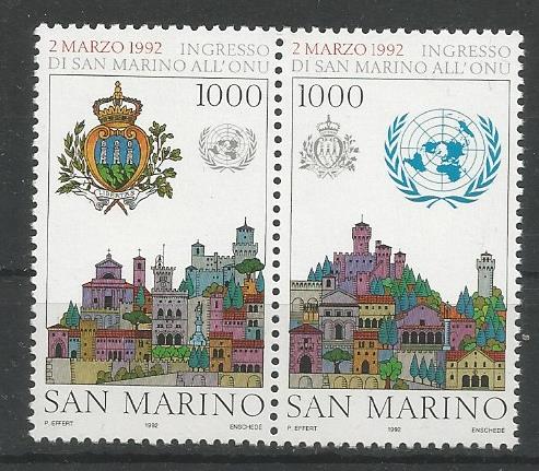 51817 - SAN MARINO - 1992 - Ingresso di San Marino nell O.N.U. - Serie completa 2 valori nuovi in dittico - Unificato : 1357/58 - SMR036