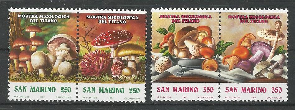 51818 - SAN MARINO - 1992 - Mostra micologica del Titano - Serie completa 4 valori nuovi in 2 dittici - Unificato : 1359/62 - SMR037