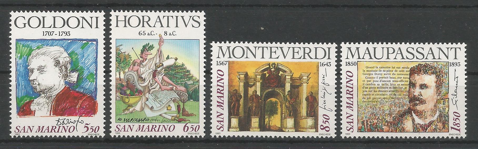 51823 - SAN MARINO - 1993 - Celebrazioni di autori - Serie completa 4 valori nuovi - Unificato : 1394/97 - SMR042