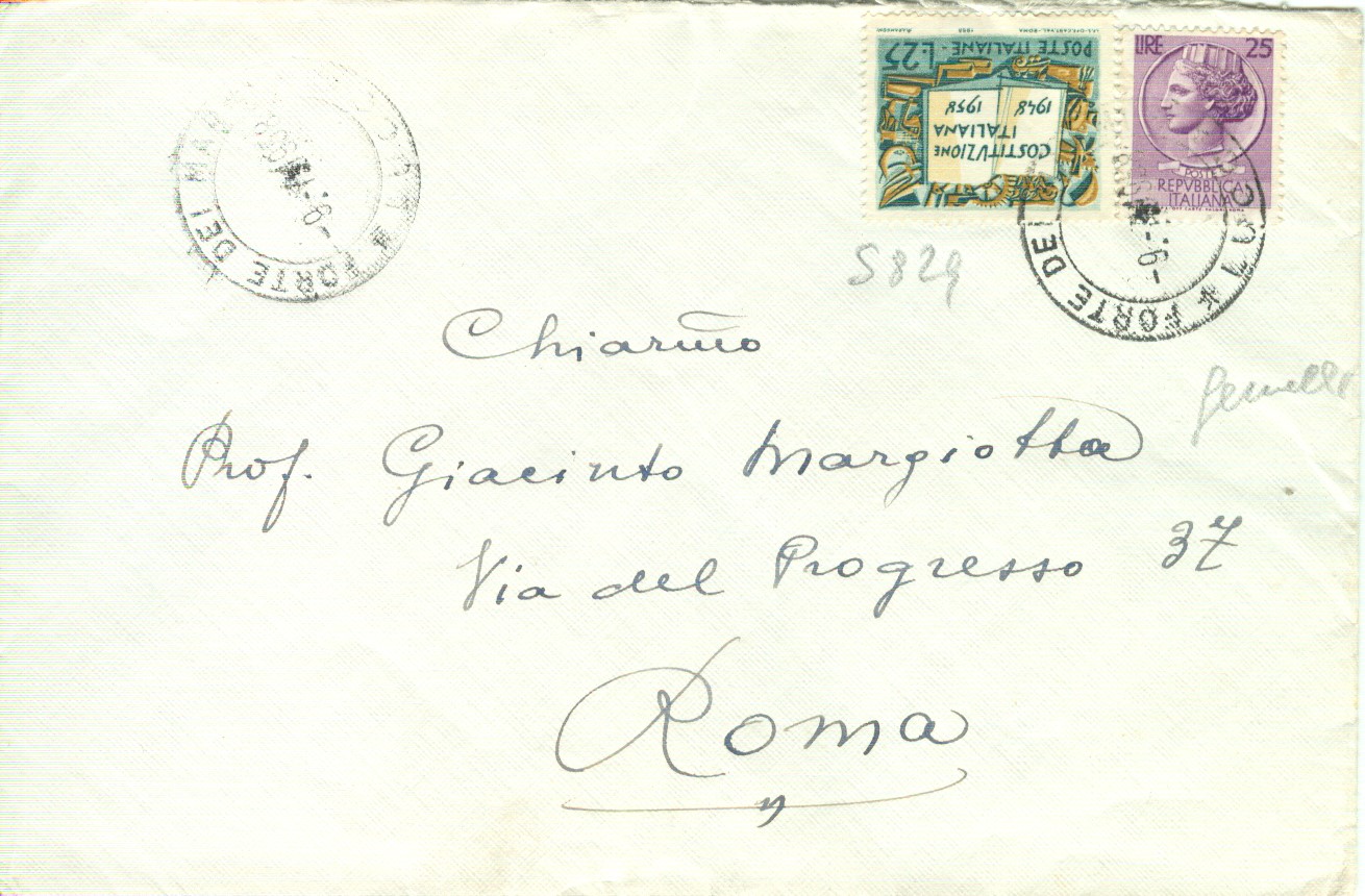 51834 - COSTITUZIONE (s829) .25+25 SIRACUSANA,VALORI GEMELLI-LETTERA 1958-TIMBRO POSTE FORTE DEI MARMI (LUCCA)