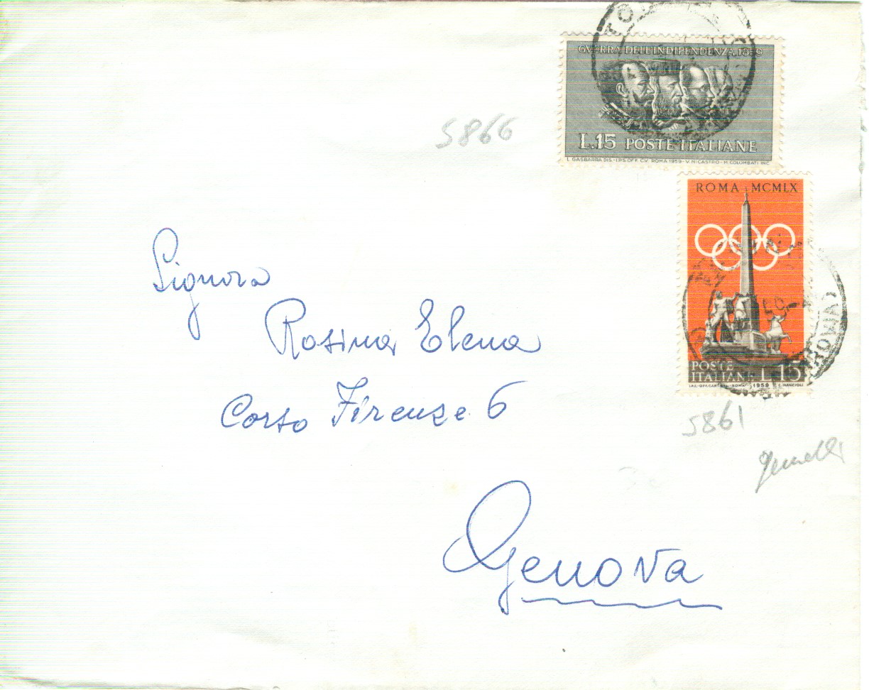 51839 - INDIPENDENZA (s866) .15+15 PREOLIMPICA (s861)-LETTERA 1959- TIMBRO POSTE TORINO