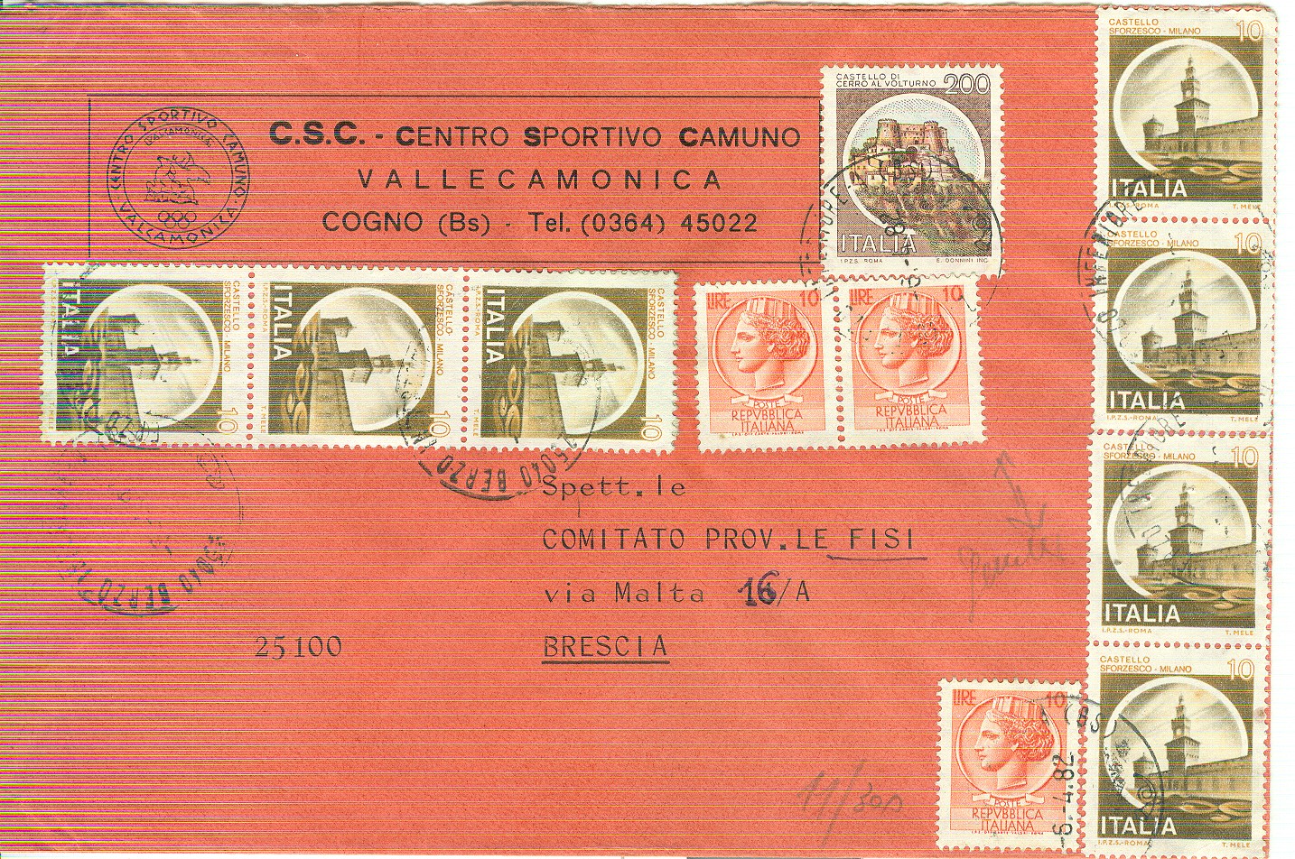 51842 - SIRACUSAN .10x3+CASTELLI.10x4+200, vALORI GEMELLI-LETTERA 1982,POSTE BERZO INFERIORE (BRESCIA)