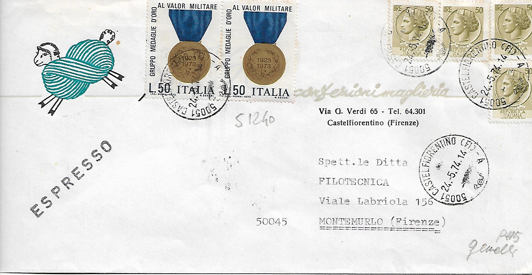 51943 - MEDAGLIE D ORO (s1240) £.50x2+50x4 SIRACUSANA-LETTERA ESPRESSO 1974 - TIMBRO POSTE CASTELFIORENTINO - MONTEMURLO (FIRENZE)