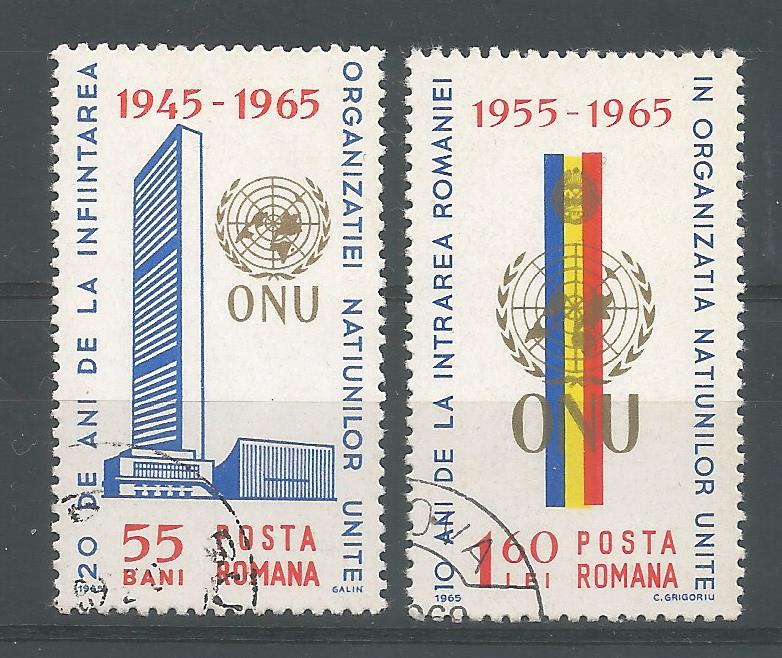 52036 - ROMANIA - 1965 - 20° anniversario dell  O.N.U. - 2 val. cpl timbratii - Michel : 2375/2376 - Yvert : 2098/2099 - [ROM036]