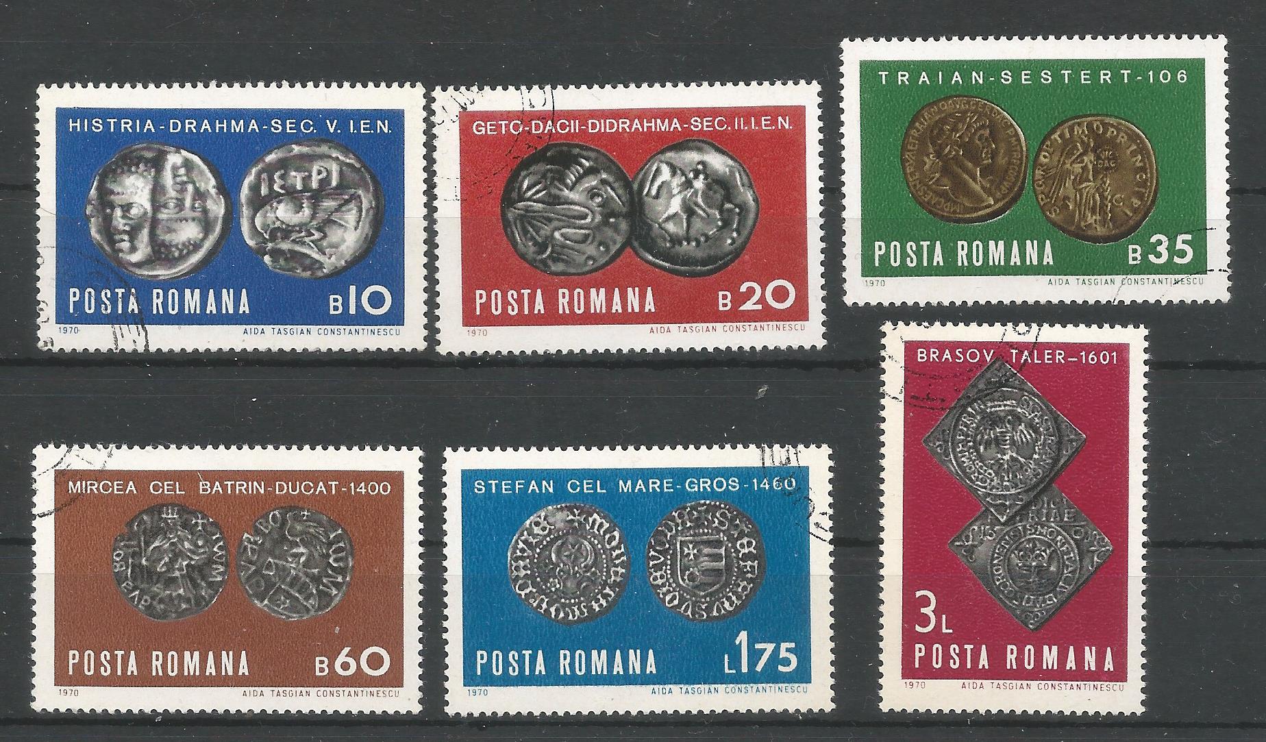 52046 - ROMANIA - 1970 - Antiche monete - 6 val. cpl timbrati - Michel : 2850/2855 - Yvert : 2543/2548 - [ROM046]